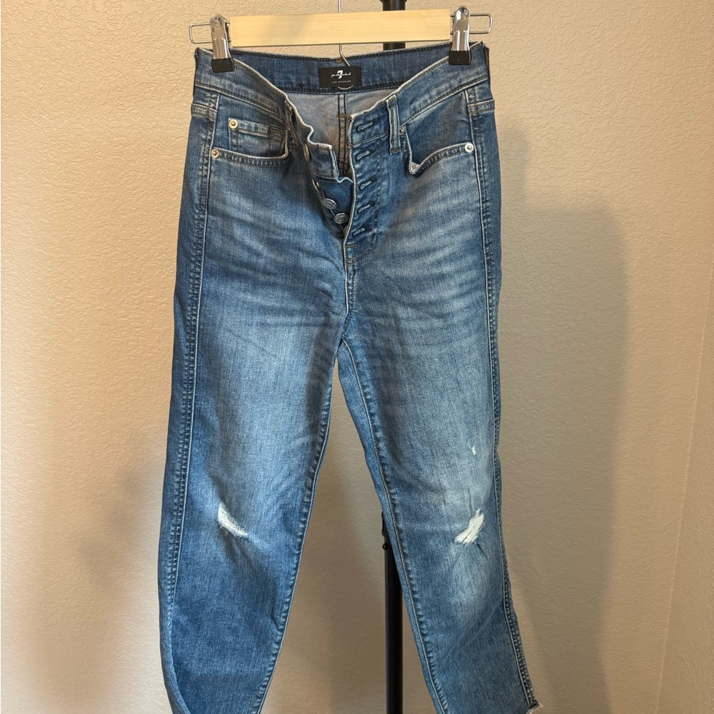 7 For All Mankind High Waist Cropped Straight Blue Denim Jeans